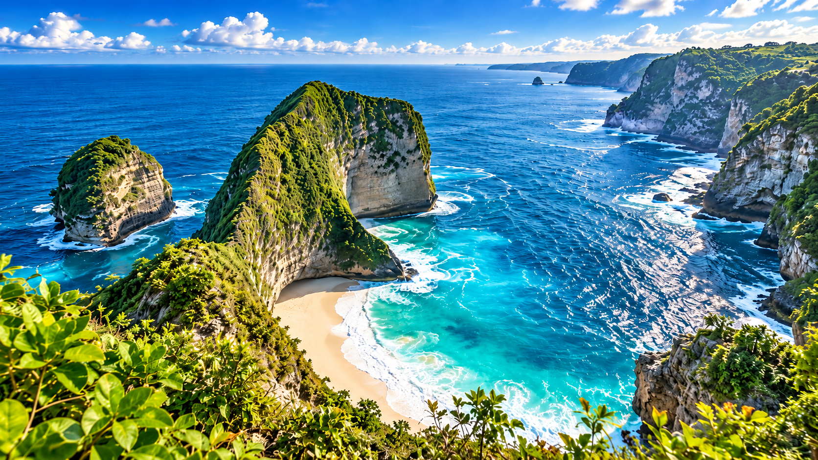 Tebing hijau Kelingking Beach menghadap laut Nusa Penida